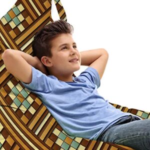 ambesonne retro lounger chair bag, earth tones inspired geometric stripes color bars and squares pattern, high capacity storage with handle container, lounger size, chocolate and cadet blue