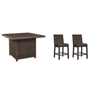 signature design by ashley paradise trail square bar table with fire pit, medium brown & paradise trail outdoor 27.5″ wicker patio barstool, 2 count, brown