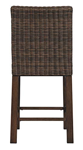 Signature Design by Ashley Paradise Trail Square Bar Table with Fire Pit, Medium Brown & Paradise Trail Outdoor 27.5" Wicker Patio Barstool, 2 Count, Brown
