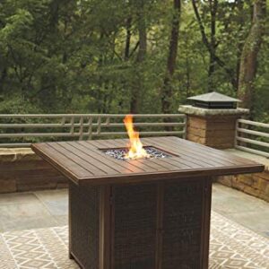 Signature Design by Ashley Paradise Trail Square Bar Table with Fire Pit, Medium Brown & Paradise Trail Outdoor 27.5" Wicker Patio Barstool, 2 Count, Brown