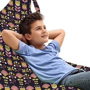 ambesonne floral lounger chair bag, retro theme vintage illustration colorful flowers pattern on dark background, high capacity storage with handle container, lounger size, multicolor