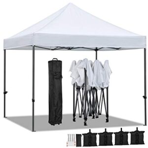 yaheetech 10×10 pop up canopy tent, commercial instant heavy duty canopy, 500d waterproof adjustable canopy with wheeled carry bag, 4 sandbags & 4 stakes, white