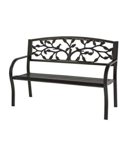 plow & hearth weatherproof tree of life outdoor bench | holds up to 300 lbs | garden patio porch park deck | metal | black