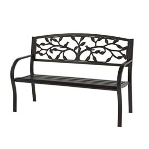 Plow & Hearth Weatherproof Tree of Life Outdoor Bench | Holds Up to 300 lbs | Garden Patio Porch Park Deck | Metal | Black