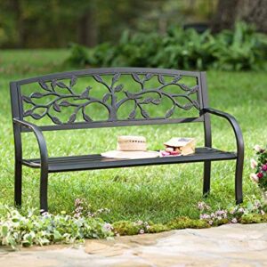 Plow & Hearth Weatherproof Tree of Life Outdoor Bench | Holds Up to 300 lbs | Garden Patio Porch Park Deck | Metal | Black