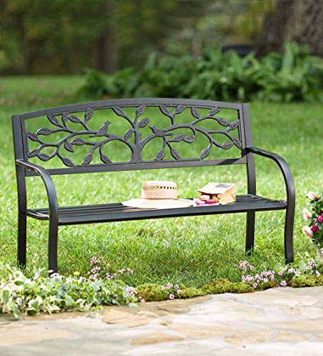 Plow & Hearth Weatherproof Tree of Life Outdoor Bench | Holds Up to 300 lbs | Garden Patio Porch Park Deck | Metal | Black