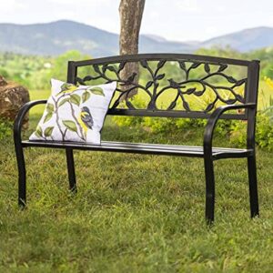 Plow & Hearth Weatherproof Tree of Life Outdoor Bench | Holds Up to 300 lbs | Garden Patio Porch Park Deck | Metal | Black