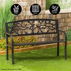 Plow & Hearth Weatherproof Tree of Life Outdoor Bench | Holds Up to 300 lbs | Garden Patio Porch Park Deck | Metal | Black