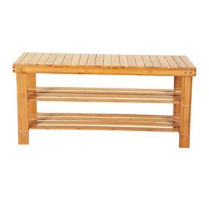 Lestar Spa Sauna Shower Patio Bench Stool with Strip Pattern 3 Tiers Storage Shelves Stand Organizer, Natural Bamboo Wood Bathing Benches Shoe Rack, Size 35.5"(W) x 11"(D) x 18"(H)