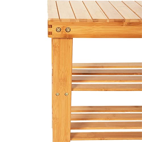 Lestar Spa Sauna Shower Patio Bench Stool with Strip Pattern 3 Tiers Storage Shelves Stand Organizer, Natural Bamboo Wood Bathing Benches Shoe Rack, Size 35.5"(W) x 11"(D) x 18"(H)