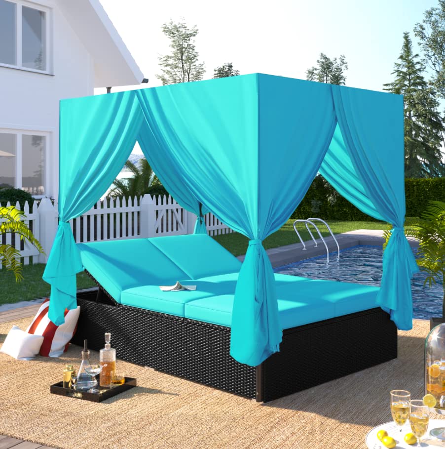 XD Designs Outdoor Patio Wicker Sunbed Daybed with Side and Overhead Curtains, UV-Proof Resin PE Rattan Adjustable Seats for Balcony Garden Backyard Poolside (Blue-1)