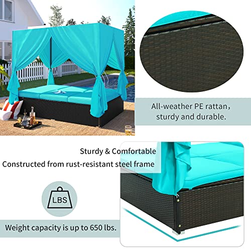 XD Designs Outdoor Patio Wicker Sunbed Daybed with Side and Overhead Curtains, UV-Proof Resin PE Rattan Adjustable Seats for Balcony Garden Backyard Poolside (Blue-1)