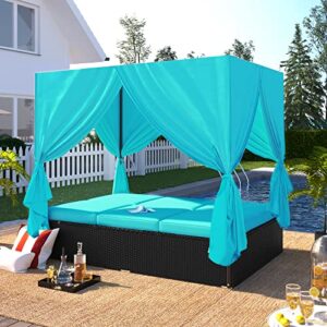 XD Designs Outdoor Patio Wicker Sunbed Daybed with Side and Overhead Curtains, UV-Proof Resin PE Rattan Adjustable Seats for Balcony Garden Backyard Poolside (Blue-1)