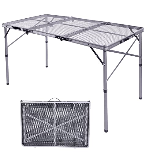 Lineslife Folding Grill Table for Camping, Portable Lightweight Aluminum Metal Grill Table for Outdoor Cooking BBQ Picnic with Adjustable Heights Legs, Silver 48x24 Inches