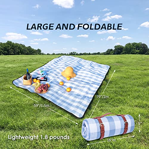 MontoSun Large 59x79'' Picnic Blankets Handy Beach Picnic Blanket Outdoor Lawn Mat 3 Layered Blanket Waterproof Foldable Beach Blanket Sandproof for Camping,Travelling,Hiking (Sky Blue Gingham)