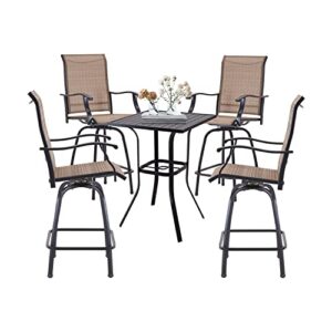 vicllax 5pcs outdoor swivel bar sets, bar height patio set with 4 patio bar stools and 1 square bar table with umbrella hole, black frame