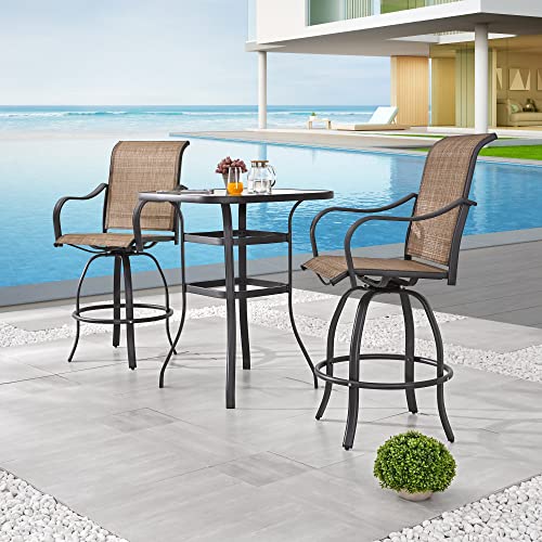 LOKATSE HOME 3 Pcs Patio Bar High Swivel Stools Set， 2 Tall Chairs and 1 Height Outdoor Bistro Table, Khaki