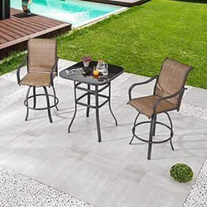 LOKATSE HOME 3 Pcs Patio Bar High Swivel Stools Set， 2 Tall Chairs and 1 Height Outdoor Bistro Table, Khaki