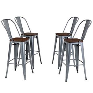 phi villa metal patio bar stools set of 4, 30 inches counter height stools with wooden seat and high back, industrial style bar chairs for indoor & outdoor, pub, kitchen island – matte grey