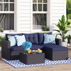 phi villa patio sofa set,3 pieces all-weather upgrade wicker outdoor sectional sofa,l-shaped small patio conversation furniture set with cushion and coffee table(navy blue)