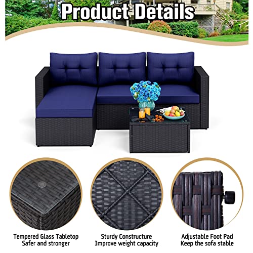 PHI VILLA Patio Sofa Set,3 Pieces All-Weather Upgrade Wicker Outdoor Sectional Sofa,L-Shaped Small Patio Conversation Furniture Set with Cushion and Coffee Table(Navy Blue)