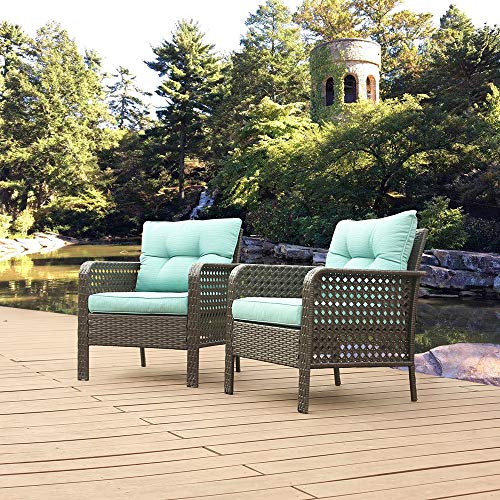 U-Eway Outdoor Rattan Single Chair 2pcs,Patio PE Wicker Furniture Cushion Seat,2Pcs Armchairs PE Rattan Sofa Backyard Yard,Premium Spun Ploy Fabric,Removable Cushion Cover Zipper, Washable (Green)