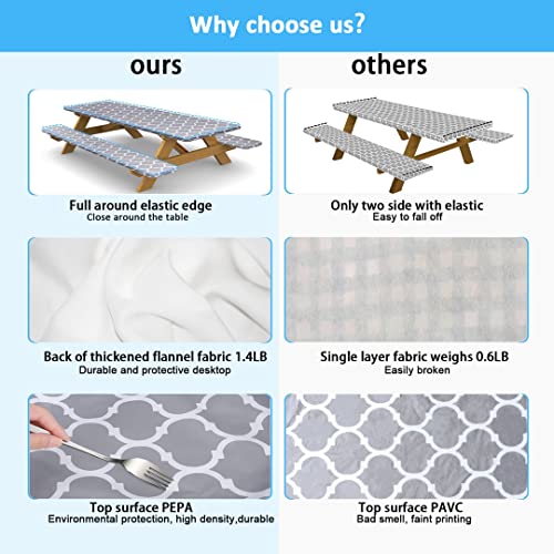 Vinyl Picnic Table Cover and Bench Covers Fitted Tablecloth,4lb Double Flannel Backing Elastic Edge Waterproof Wipeable Plastic Tabel Cover Vinyl Tablecloth for Indoor Outdoor Parties 3pcs - 72*30 in