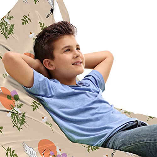 Ambesonne Nature Art Lounger Chair Bag, Flying Storks Pattern Purple Wildflowers and Suns Images on Beige Background, High Capacity Storage with Handle Container, Lounger Size, Multicolor