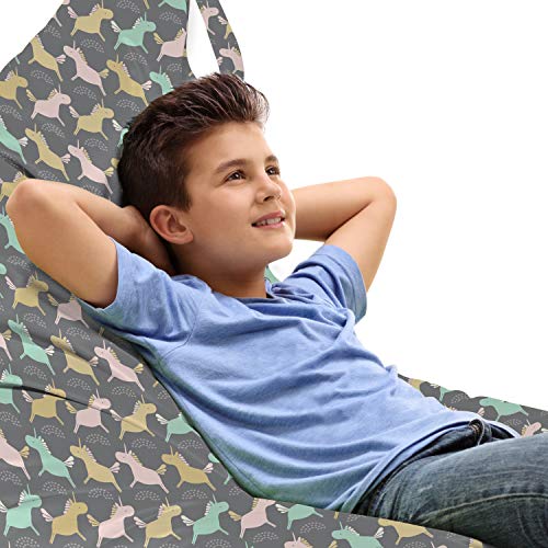 Ambesonne Unicorn Party Lounger Chair Bag, Fantasy World Pastel Tones Pattern Funny Cartoon, High Capacity Storage with Handle Container, Lounger Size, Dimgray and Multicolor