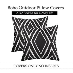 Adabana Outdoor Waterproof Boho Throw Pillow Covers Geometric Pillow Cases for Patio Garden Set of 2, 18 X 18 Inches Black