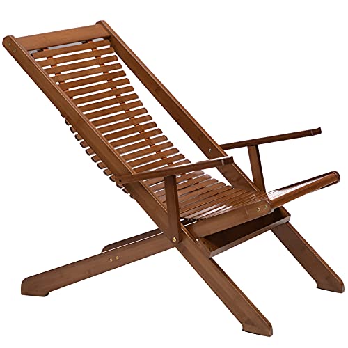 AbocoFur Bamboo Folding Lounge Chair, Indoor&Outdoor Lazy Recliner with Armrest, Home Zero Gravity Chair for Lunch Break, Portable Chaise for Patio, Balcony, Walnut