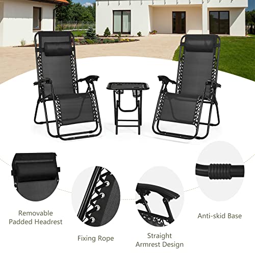 HAPPYGRILL Zero Gravity Lounge Chairs Set with Coffee Table, Folding Reclining Chairs with Side Table and Pillow, 3 Pieces Adjustable Patio Lawn Recliner Set for Outdoor Garden Camp Travel