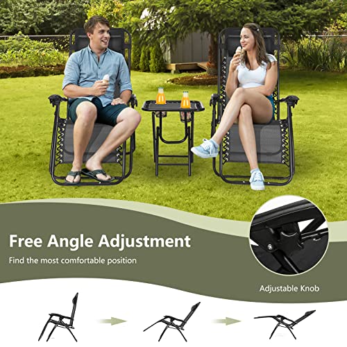 HAPPYGRILL Zero Gravity Lounge Chairs Set with Coffee Table, Folding Reclining Chairs with Side Table and Pillow, 3 Pieces Adjustable Patio Lawn Recliner Set for Outdoor Garden Camp Travel