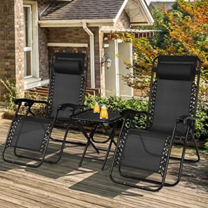 HAPPYGRILL Zero Gravity Lounge Chairs Set with Coffee Table, Folding Reclining Chairs with Side Table and Pillow, 3 Pieces Adjustable Patio Lawn Recliner Set for Outdoor Garden Camp Travel