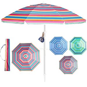 aoxun beach umbrella, 7ft umbrella with sand anchor & tilt aluminum pole, portable uv 50+ protection beach umbrella with carry bag rainbow stripe