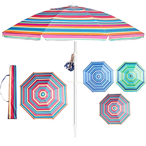 Aoxun Beach Umbrella, 7ft Umbrella with Sand Anchor & Tilt Aluminum Pole, Portable UV 50+ Protection Beach Umbrella with Carry Bag Rainbow Stripe