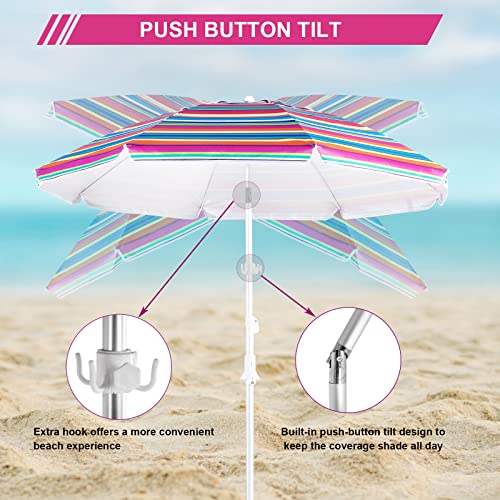 Aoxun Beach Umbrella, 7ft Umbrella with Sand Anchor & Tilt Aluminum Pole, Portable UV 50+ Protection Beach Umbrella with Carry Bag Rainbow Stripe