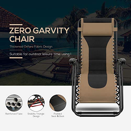 Devoko Patio Zero Gravity Chair Outdoor Oversize Padded Recliner Lounge Chair with Adjustable Headrest 300 lbs for Lawn Beach Poolside (Brown)