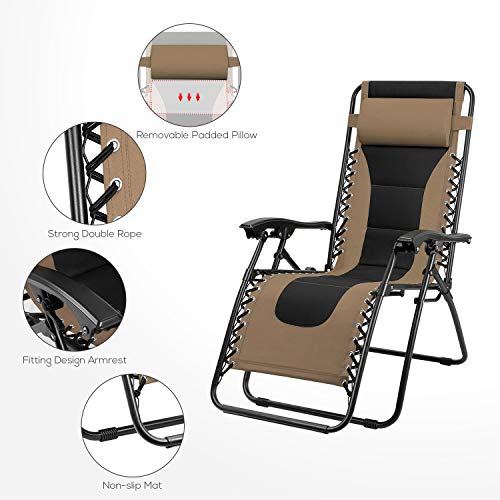 Devoko Patio Zero Gravity Chair Outdoor Oversize Padded Recliner Lounge Chair with Adjustable Headrest 300 lbs for Lawn Beach Poolside (Brown)