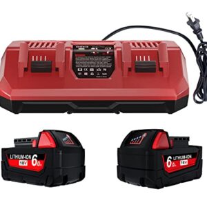 TURPOW Dual Ports Rapid Charger & 2 Packs 6.0 Ah Replacement for Milwaukee M18 Battery Combo, Compatible with Milwaukee 18V Battery 48-11-1862 48-59-1850 + for M18 Milwaukee Battery Charger 48-59-1812