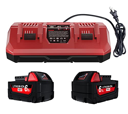 TURPOW Dual Ports Rapid Charger & 2 Packs 6.0 Ah Replacement for Milwaukee M18 Battery Combo, Compatible with Milwaukee 18V Battery 48-11-1862 48-59-1850 + for M18 Milwaukee Battery Charger 48-59-1812