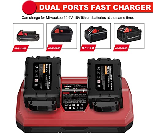 TURPOW Dual Ports Rapid Charger & 2 Packs 6.0 Ah Replacement for Milwaukee M18 Battery Combo, Compatible with Milwaukee 18V Battery 48-11-1862 48-59-1850 + for M18 Milwaukee Battery Charger 48-59-1812