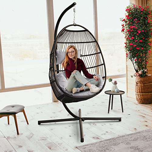 PRIVATE GARDEN Large Hanging Egg Chair with Stand Outdoor Patio Folding Egg Chair Indoor Swing Egg Chair with Light Grey Waterproof Cushion Heavy Duty C-Stand 330LBS Capacity