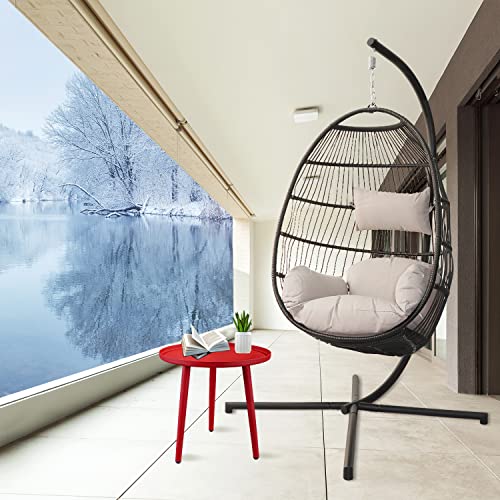 PRIVATE GARDEN Large Hanging Egg Chair with Stand Outdoor Patio Folding Egg Chair Indoor Swing Egg Chair with Light Grey Waterproof Cushion Heavy Duty C-Stand 330LBS Capacity