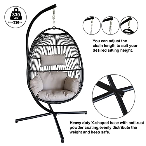 PRIVATE GARDEN Large Hanging Egg Chair with Stand Outdoor Patio Folding Egg Chair Indoor Swing Egg Chair with Light Grey Waterproof Cushion Heavy Duty C-Stand 330LBS Capacity