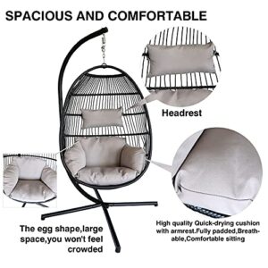 PRIVATE GARDEN Large Hanging Egg Chair with Stand Outdoor Patio Folding Egg Chair Indoor Swing Egg Chair with Light Grey Waterproof Cushion Heavy Duty C-Stand 330LBS Capacity