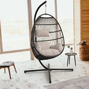 PRIVATE GARDEN Large Hanging Egg Chair with Stand Outdoor Patio Folding Egg Chair Indoor Swing Egg Chair with Light Grey Waterproof Cushion Heavy Duty C-Stand 330LBS Capacity