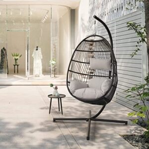 PRIVATE GARDEN Large Hanging Egg Chair with Stand Outdoor Patio Folding Egg Chair Indoor Swing Egg Chair with Light Grey Waterproof Cushion Heavy Duty C-Stand 330LBS Capacity