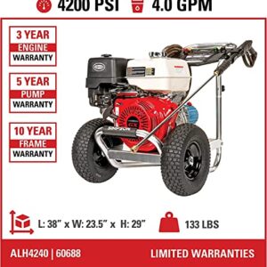 Simpson Cleaning ALH4240 Aluminum Series 4200 PSI Gas Pressure Washer, 4.0 GPM, HONDA GX390 Engine, Includes Spray Gun and Extension Wand, 5 QC Nozzle Tips, 3/8-inch x 50-foot Monster Hose, (49 State)