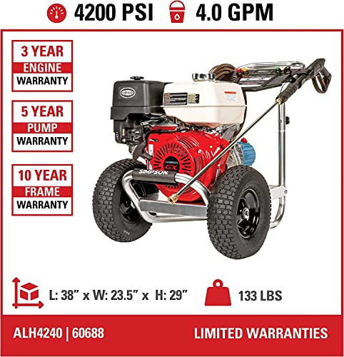 Simpson Cleaning ALH4240 Aluminum Series 4200 PSI Gas Pressure Washer, 4.0 GPM, HONDA GX390 Engine, Includes Spray Gun and Extension Wand, 5 QC Nozzle Tips, 3/8-inch x 50-foot Monster Hose, (49 State)